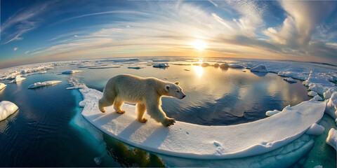 A solitary polar bear walks across a narrow stretch of melting ice in the Arctic during sunset. The vibrant skies reflect on the water, exposing the delicate balance of nature