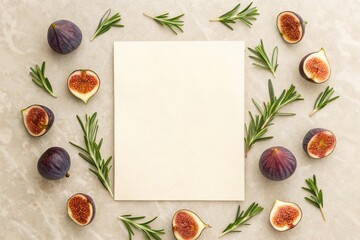 Elegant vintage arrangement of figs and rosemary sprigs on beige stone background for culinary inspiration.