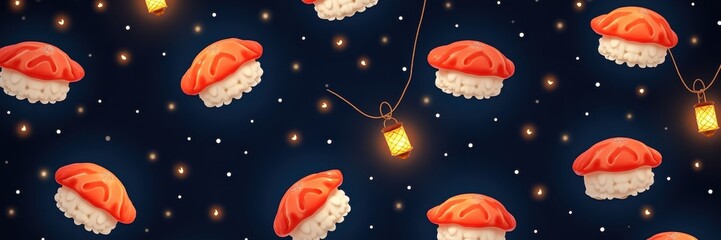 A vibrant seamless pattern featuring delicious sushi pieces against a dark starry background, perfect for food-themed designs and culinary projects.