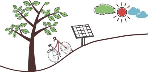  bicycle, solar panel, tree, clouds, and sun on white background