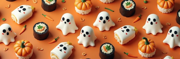 Festive halloween treats including ghost-shaped desserts, vibrant orange pumpkins, and assorted sushi, perfect for seasonal celebrations and gatherings.