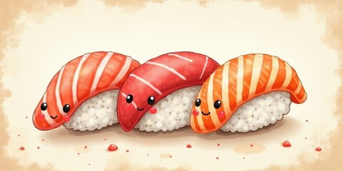 Cute and playful sushi characters with smiling faces, featuring vibrant colors and playful expressions, perfect for food lovers and children’s illustrations.