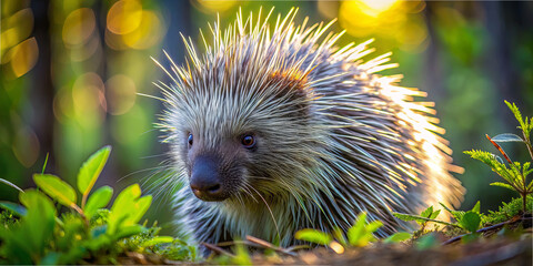 A porcupine moves through a lush forest, sunlight illuminating its quills. Surrounded by green foliage, it searches for food amidst a scenic natural environment