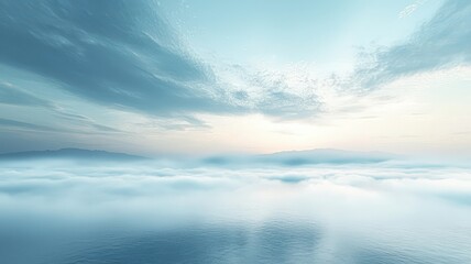 Sunrise Sky Over Mountain Lake with Gentle Mist — Peaceful Nature Scene for Travel, Wellness, and Editorial Backgrounds