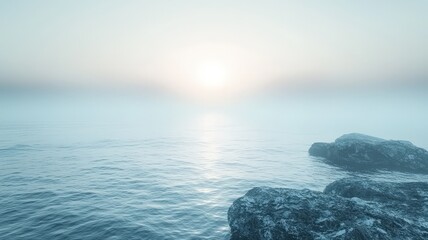 Serene Ocean Sunrise with Rocks in Mist — Tranquil Seascape for Meditation, Travel, and Wellness Use