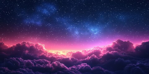 Starry Twilight Sky in Pink and Purple Gradients Above Clouds — Dreamy Celestial Landscape for Fantasy and Mindfulness Themes