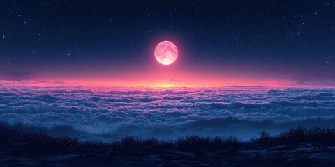 Full Moon in Pink Starry Sky Above Clouds — Dreamy Nightscape for Fantasy, Meditation, and Editorial Use