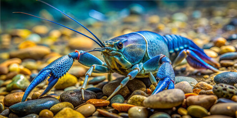 A striking blue crayfish explores a pebbled riverbed. The intricate details of its shell are prominent against the colorful stones, illustrating the beauty of aquatic ecosystems