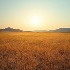 Golden Sunset Over Grassland with Mountain Silhouette — Peaceful Nature Scene for Editorial and Wellness Themes