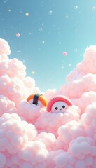 Whimsical and playful illustration of cute sushi characters hiding among fluffy pink clouds, set against a serene blue sky dotted with twinkling stars. perfect for children's themes.