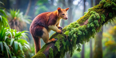 A vibrant sapient creature climbs a moss-covered tree in a dense forest. Sunlight filters through the greenery, highlighting the lush surroundings and showcasing nature's beauty