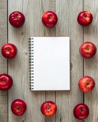 Symmetrical arrangement of red apples around a white notebook on rustic wooden surface for aesthetic flat lay photography.