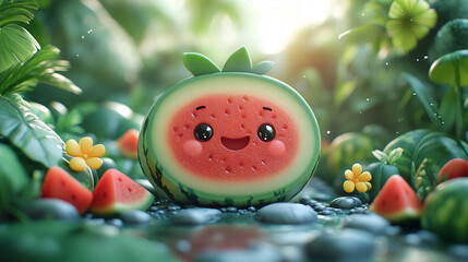 Happy watermelon slice in jungle stream, sunny, playful