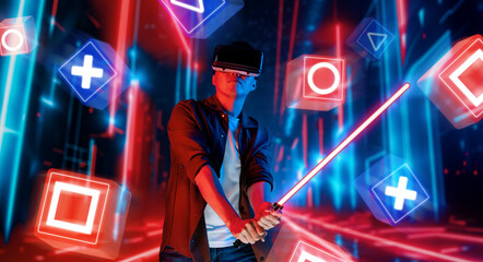 Gamer holding glowing laser sword and wearing augmented reality glasses while playing music game with glowing blue and red color. Energetic person VR glasses and connecting metaverse. Ingenuity.