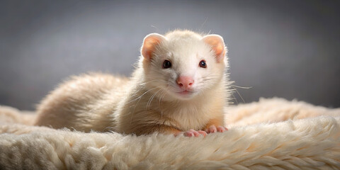 A small ferret with a light-colored coat is lying on a fluffy surface, looking curiously at the viewer. Its playful demeanor and whiskers add charm to the cozy atmosphere around it