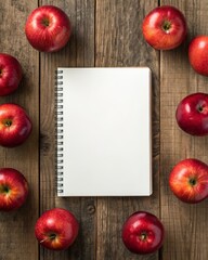 Symmetrical arrangement of red apples around a white notebook on rustic wooden table captured in flat lay style for aesthetic inspiration.