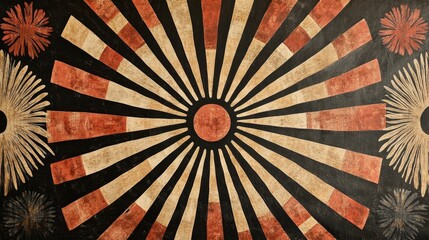 Abstract radial pattern with sunburst design on dark background with floral elements.