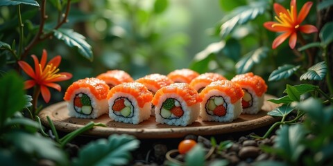 Delicious sushi rolls artfully arranged on a wooden plate, surrounded by vibrant green foliage and colorful flowers, evoking a fresh, natural dining experience.