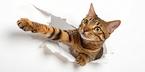 A striped cat with bright eyes playfully reaches through a torn piece of paper on a white wall. Its curious expression captures a moment of mischief and charm