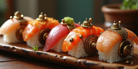 Exquisite sushi presentation featuring vibrant, artfully crafted sushi pieces with unique decorative elements, perfect for food lovers and culinary arts enthusiasts.