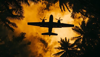 Silhouette of an airplane amidst tropical foliage at sunset.