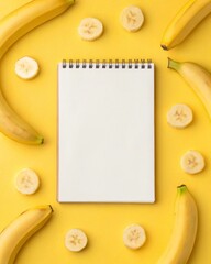 Slicing fresh bananas around a notepad on a bright yellow surface for creative writing inspiration.