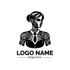 Elegant black and white female cyborg in a business suit with intricate mechanical details. Artificial intelligence concept