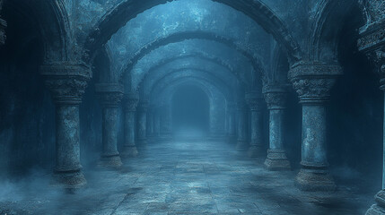 Fototapeta premium Misty gothic hallway in ancient ruins with stone arches