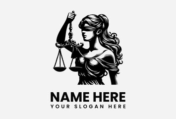 Dramatic black silhouette vector logo of blindfolded Lady Justice holding balanced scales symbolizing law and fairness  