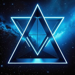 Futuristic Neon Geometric Pyramid in Space, Cyberpunk Sci-Fi Light Art, Cybernetic Truss with Glowing Triangles