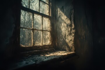 Sunlight Streaming Through an Old Grungy Window Frame with a View of Bare Trees, casting light on the textured wall, with elements of decay, and abandonment creating a melancholic scene