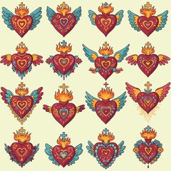 A set of 12 vibrant Mexican sacred heart illustrations