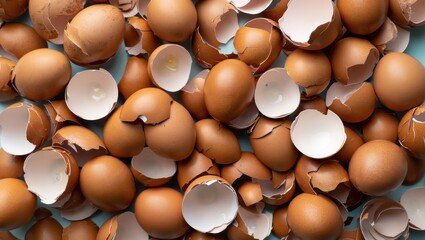 Top-down view of scattered brown eggshells, both whole and broken, against a soft blue background. High-detail culinary or food waste concept suitable for cooking, baking, or sustainability themes