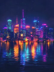 Fototapeta premium Vibrant Neon City Skyline at Night with Water Reflection