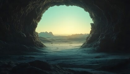 Cave opening onto a desolate landscape at dawn.