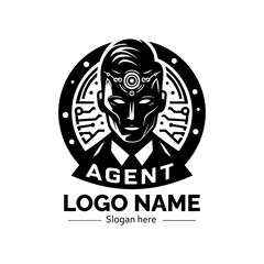 Sleek black and white cyborg agent with a sophisticated cybernetic headpiece in a circular circuit board design. Artificial intelligence concept