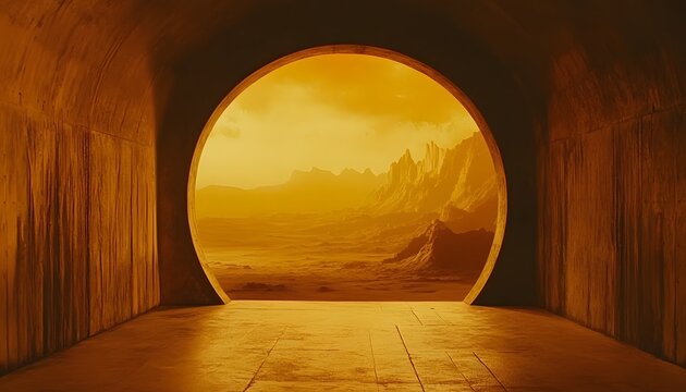 Circular aperture reveals a golden desert landscape. - Powered by Adobe