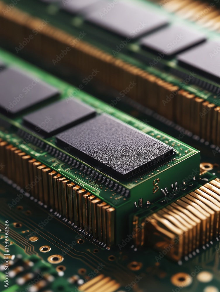 Poster close-up view of stack of computer memory modules on circuit board with focus on integrated chip com