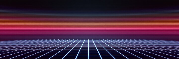 Futuristic digital landscape featuring a vibrant horizon with gradient colors, illuminated grid lines creating a sci-fi atmosphere.