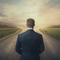 Rear view of businessman in front of crossroad, fork, where road is divided in two different ways. Choosing right way between left and right, failure or success. Difficult decision