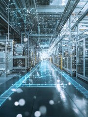 Futuristic network visualization in a high-tech manufacturing facility