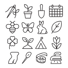 The vector icon set for the spring season includes icons of flowers, plants, gardening, nature, picnics, bees, butterflies, bunnies, leaves, clover, growth, camps, and blooms. It also has adjustable l