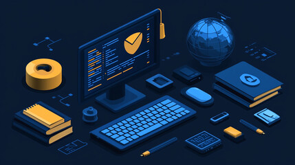 Isometric cybersecurity desk setup with global network background