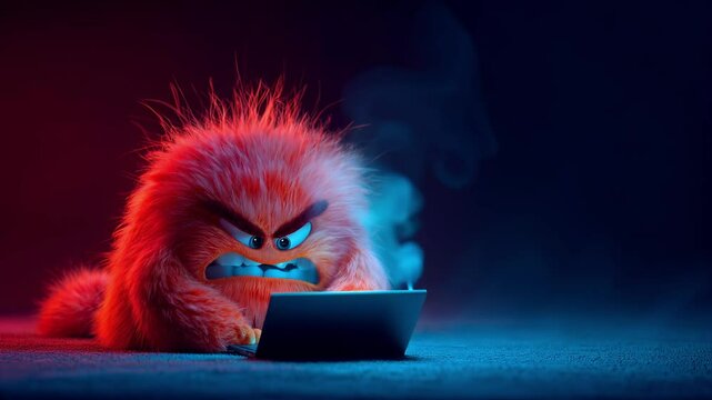 Furry monster anger working hard at laptop, symbolizing stress, tight deadlines, and digital overload. Anger monster for illustrating office pressure, overwork, and modern workplace struggle, burnout