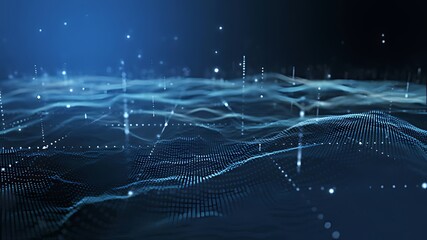 A digital landscape with blue dots and lines forming a wavy surface under a dark blue background