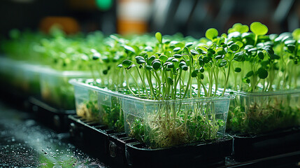 Microgreens growing in indoor farm trays under lights