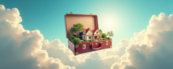 A whimsical illustration of a suitcase containing a miniature house and greenery, floating among fluffy clouds, symbolizing travel and new beginnings.