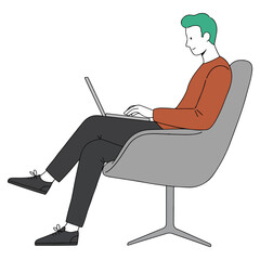 Man with green hair sits in a gray chair with a laptop