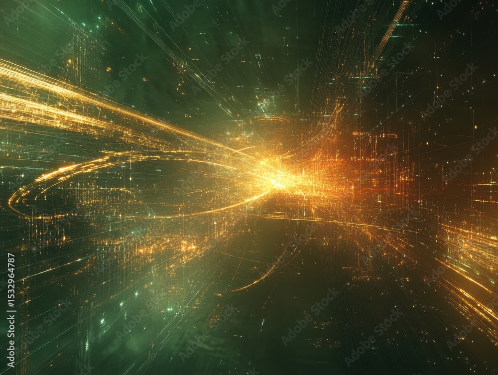 Poster abstract technological background with glowing lines and particles representing data flow and connec