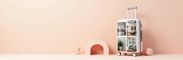 A stylish suitcase showcases vibrant travel destinations against a soft pink background, evoking wanderlust and adventure for modern travelers.